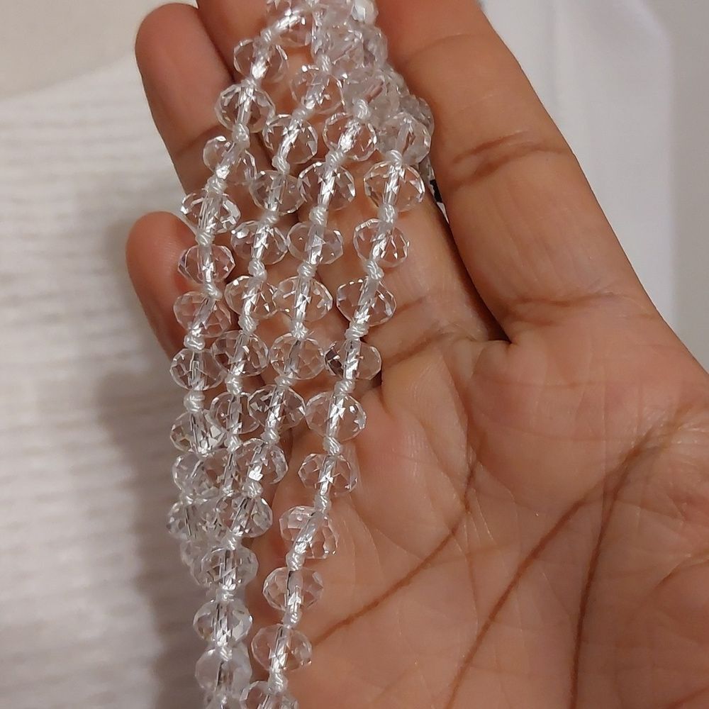 Clear Faceted Beads Beaded on White Cord Extra Long Flapper Necklace - Picture 5 of 6